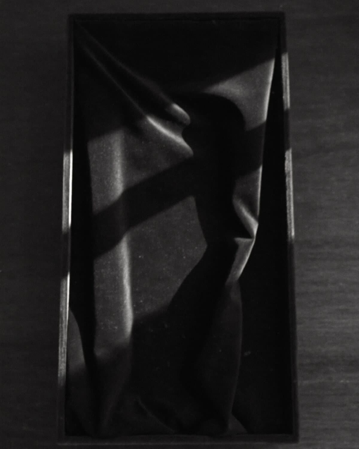 An empty black velvet tray