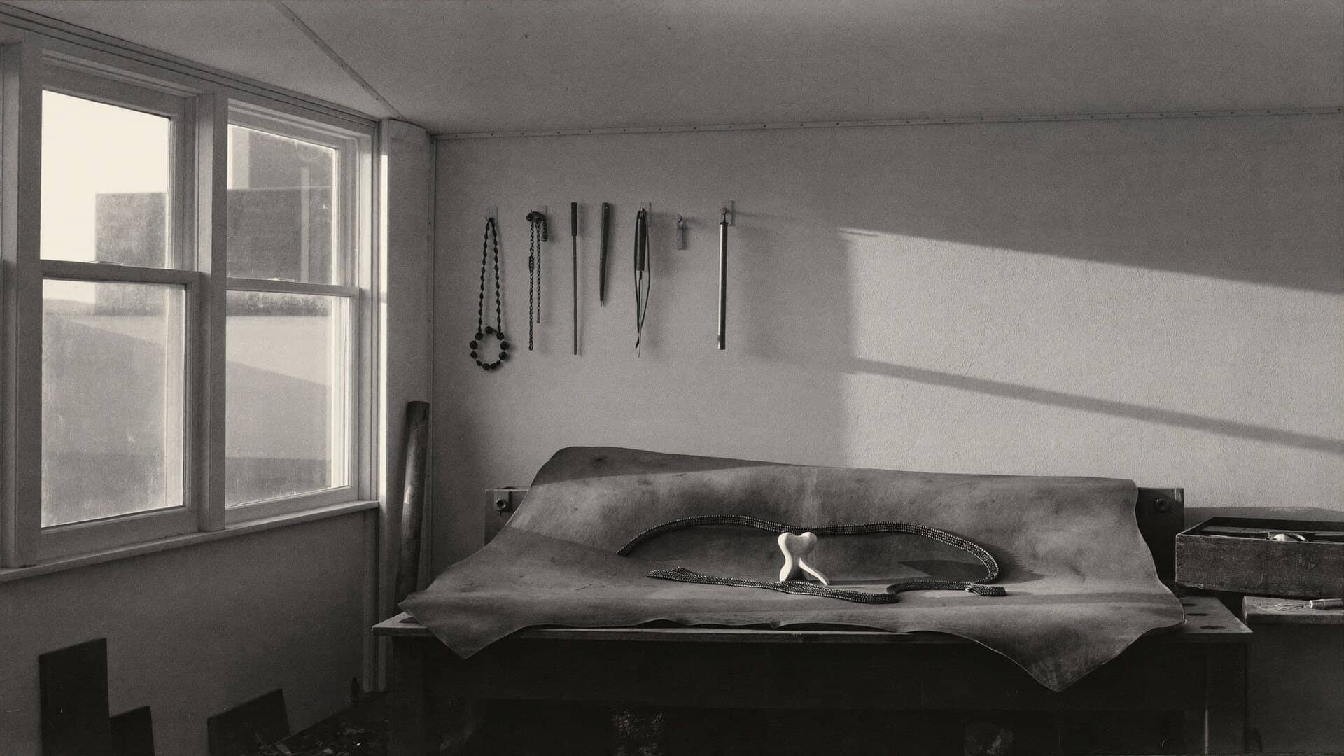 The workshop in morning light, black and white